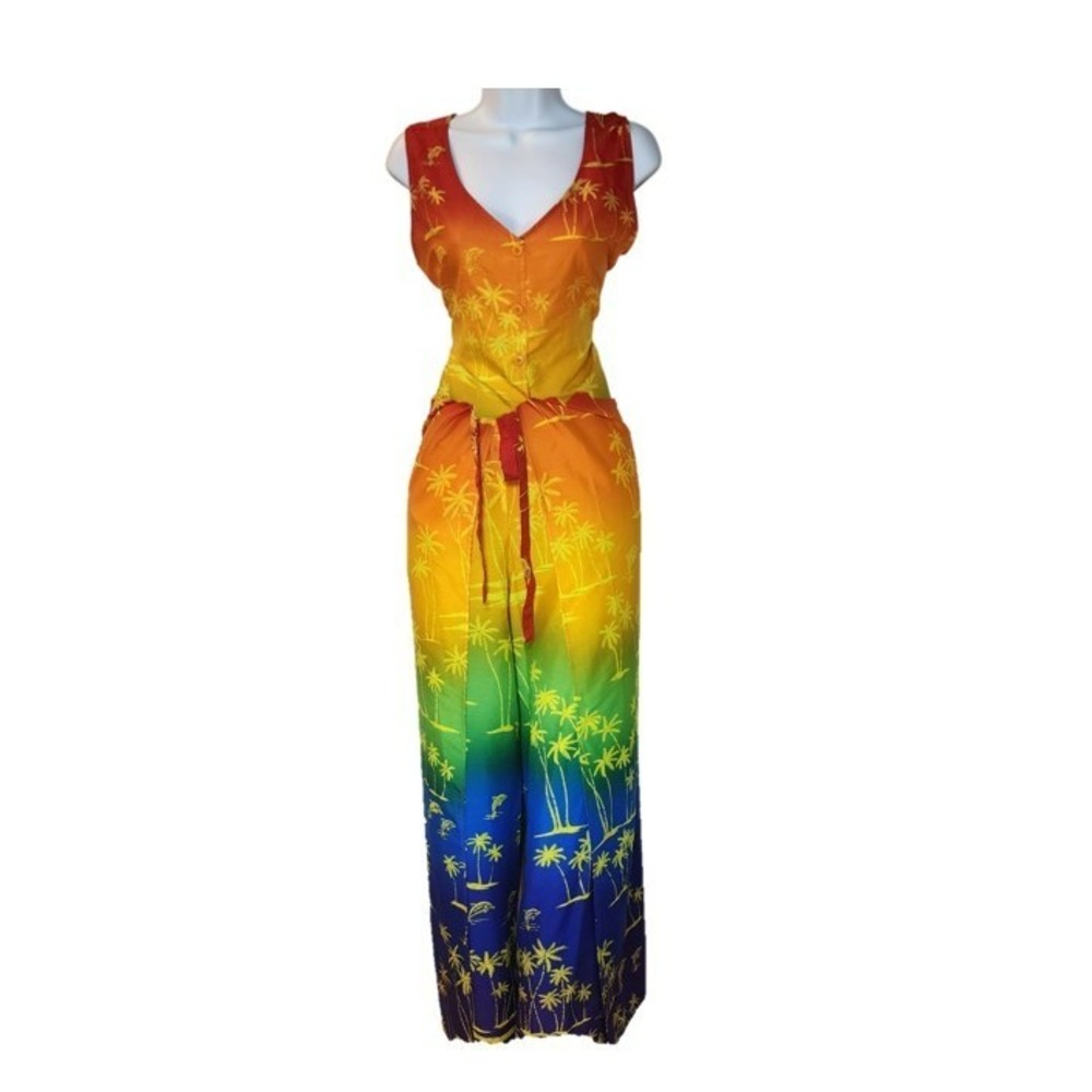 Rima Punjabi‎ Suit M 2pc Cropped Tank + Side-Tie Pants Rainbow Palm Y2K